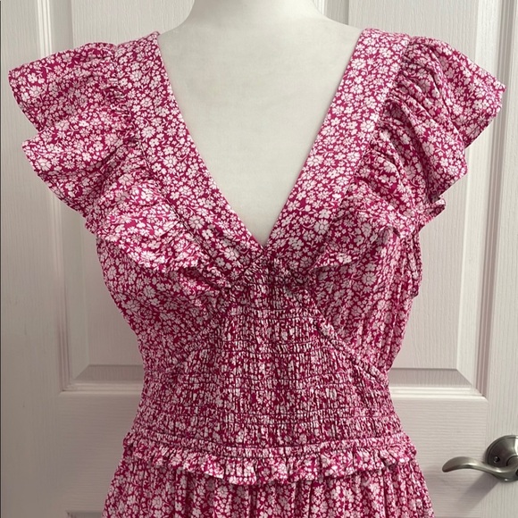 Pink Floral Ruffle Mini Dress V Neck V Back Pockets Smocked Bodice Size L Tall - Picture 4 of 16